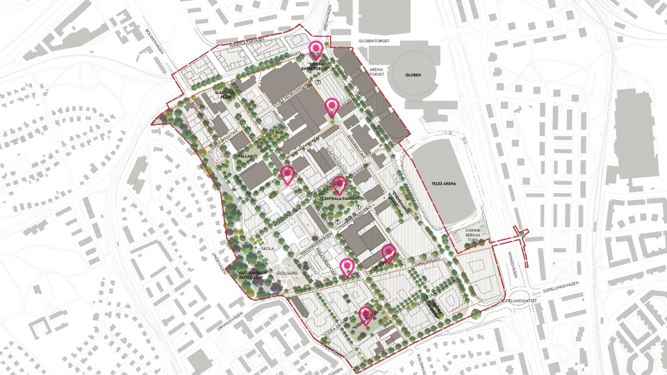 Karta över placering av kommande permanent konst i Slakthusområdet. 